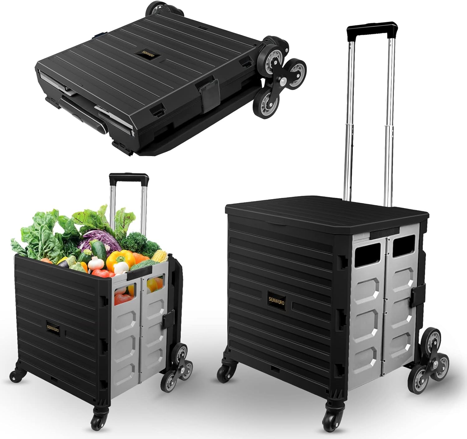 Foldable Utility Cart with Wheels, Stair Climbing Collapsible Rolling Crate for Teachers, Heavy Duty Shopping Cart with Telescoping Handle and Lid for Groceries Shopping Office Use Blue