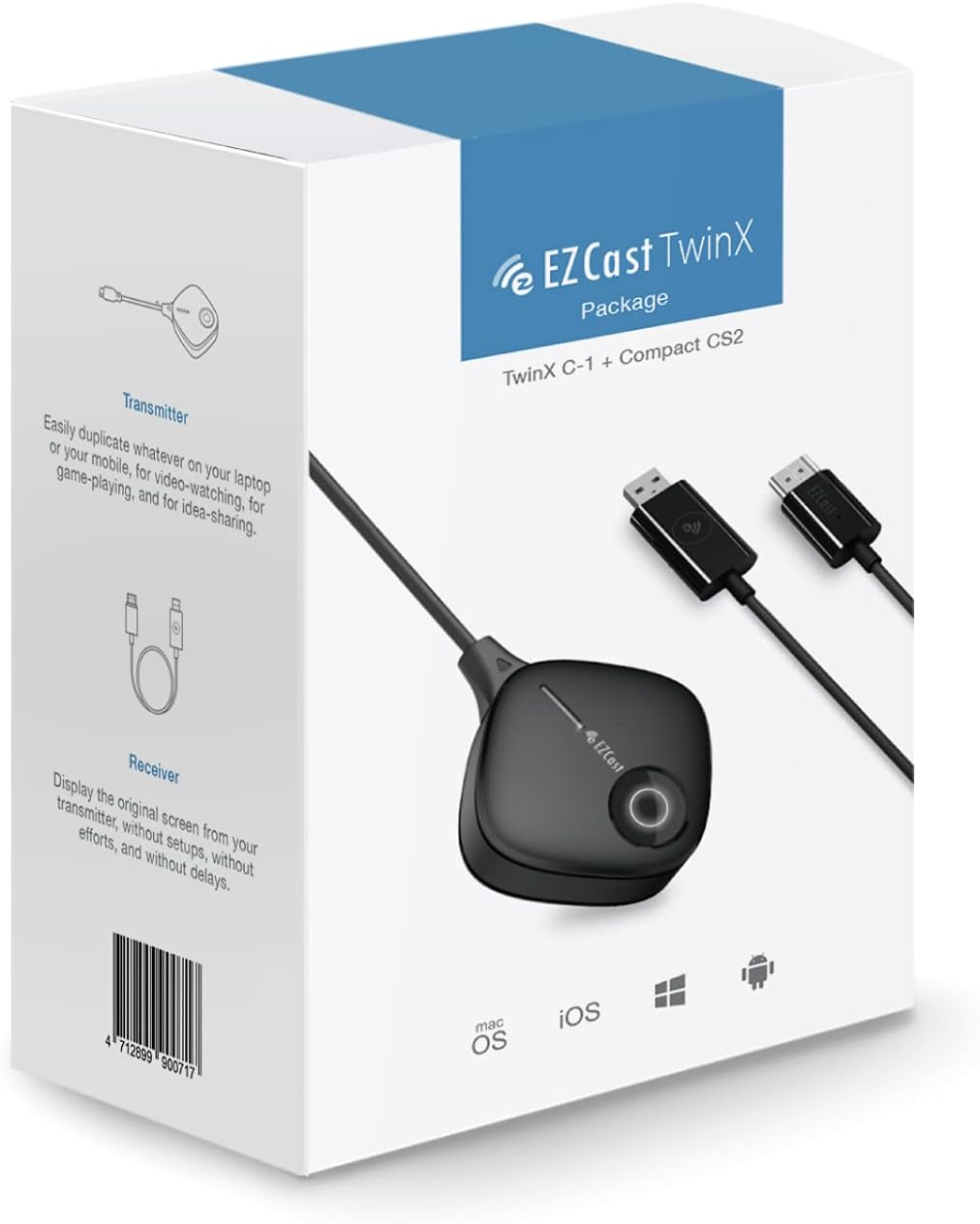 EZCast TwinX Package | HDMI Wireless Display USB-C Transmitter and Receiver, Supports Streaming Paid apps, Miracast, Airplay, DLNA, Chrome Browser Mirror, iOS/Android/MacOS/Windows/Chrome OS