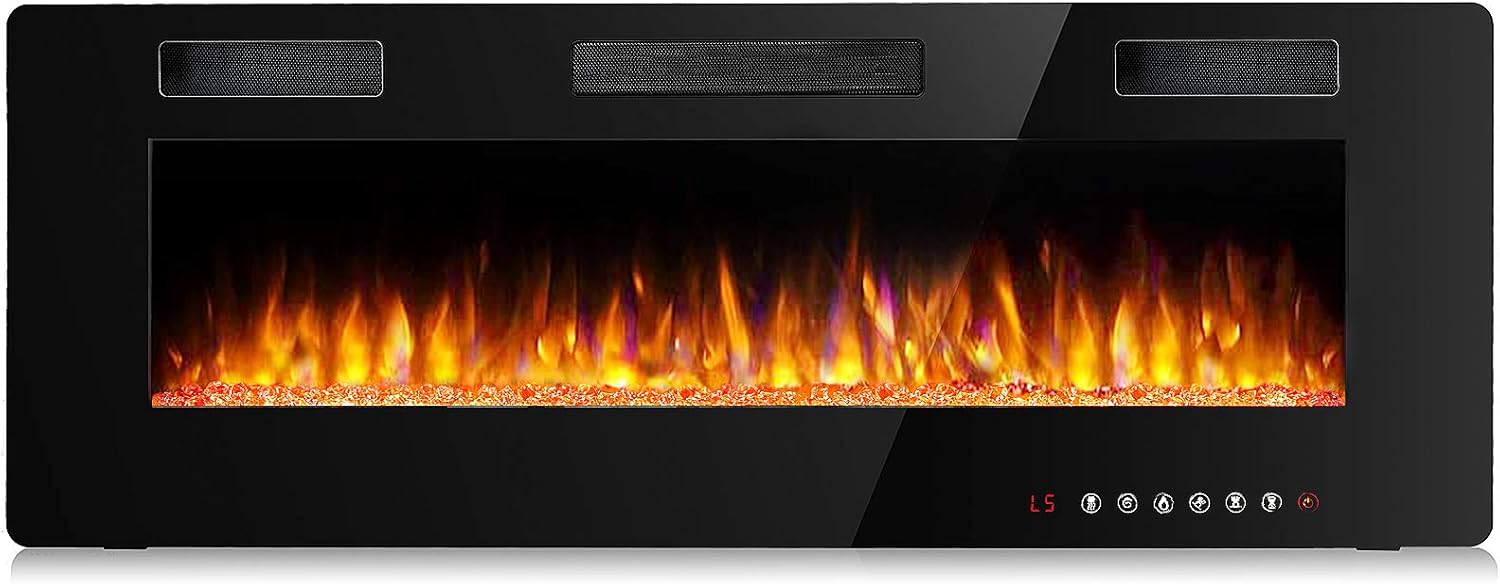BOSSIN 60 inch Ultra-Thin and Silence Linear Fireplace, Recessed Electric Fireplace and Wall Mounted & in-Wall Fireplace, Adjustable Flame Colors & Speed,Touch Screen Remote Control with Timer(60”)