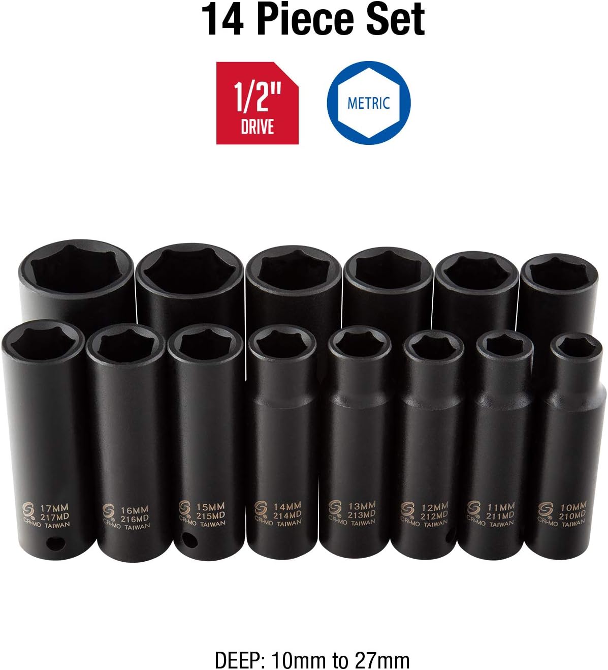 Sunex 2653 1/2-Inch Drive Deep Metric 6 Point Impact Socket Set, 14-Piece