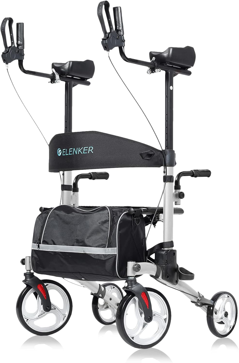 ELENKER Upright Walker, Stand Up Folding Rollator Walker with 10&rdquo; Front Wheels Backrest Seat and Padded Armrests for Seniors and Adults, Silver