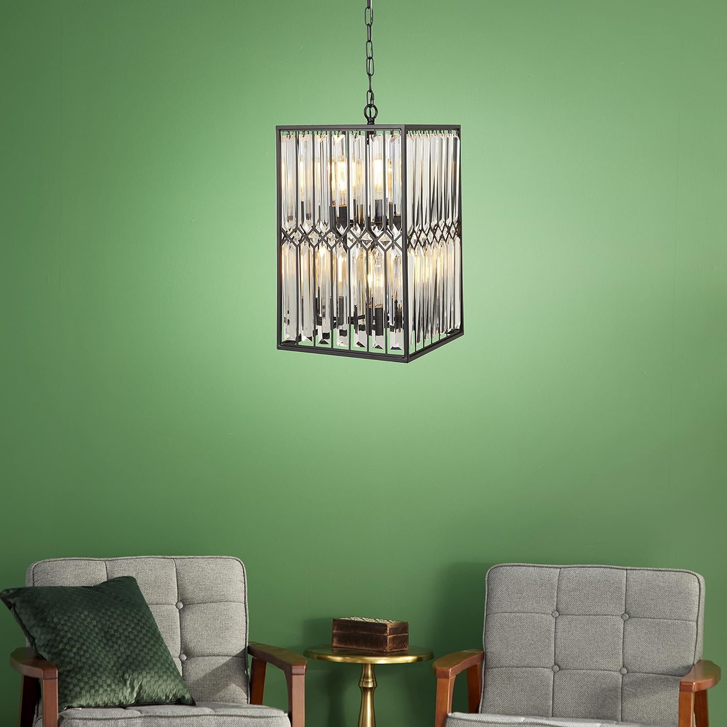 Deco 79 Large Rectangular Black Metal and Beveled Glass Chandelier with Edison Bulbs, 13&rdquo; x 22&rdquo;