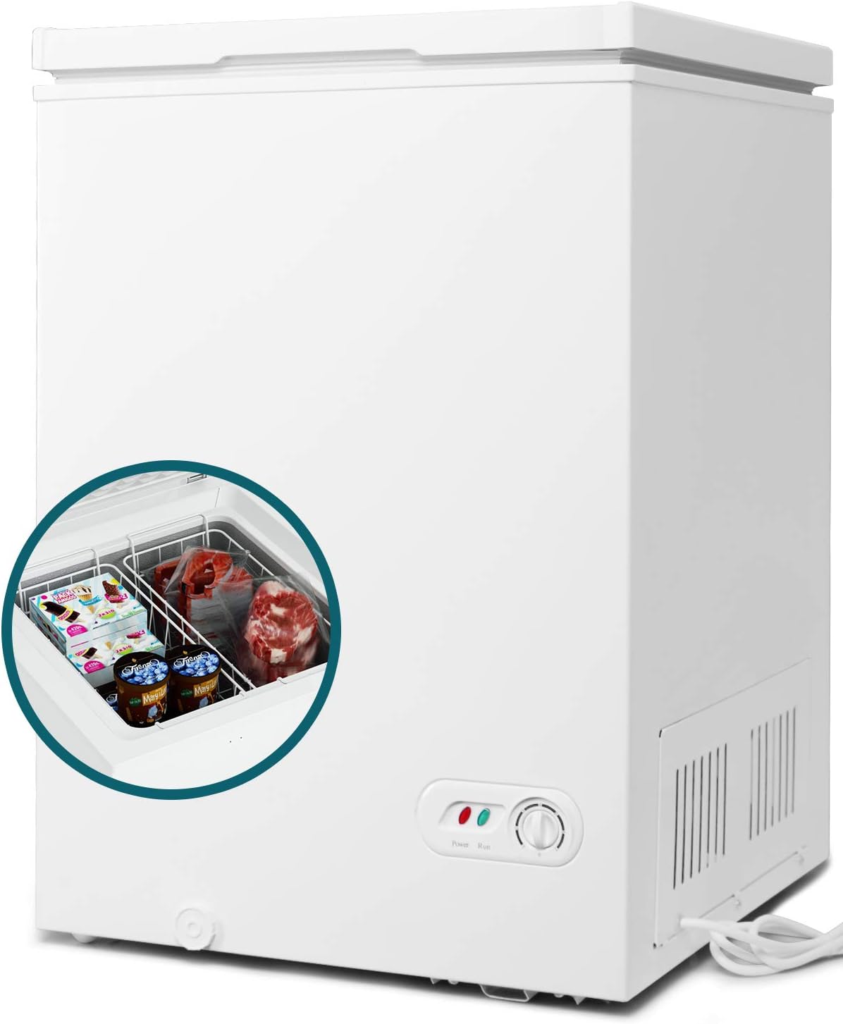COOLHOME 3.5 Cubic Feet Chest Freezer with Removable Basket, from 6.8℉ to -4℉ Free Standing Compact Fridge Freezer for Home/Kitchen/Office/Bar (WHITE, 3.5 cubic feet)