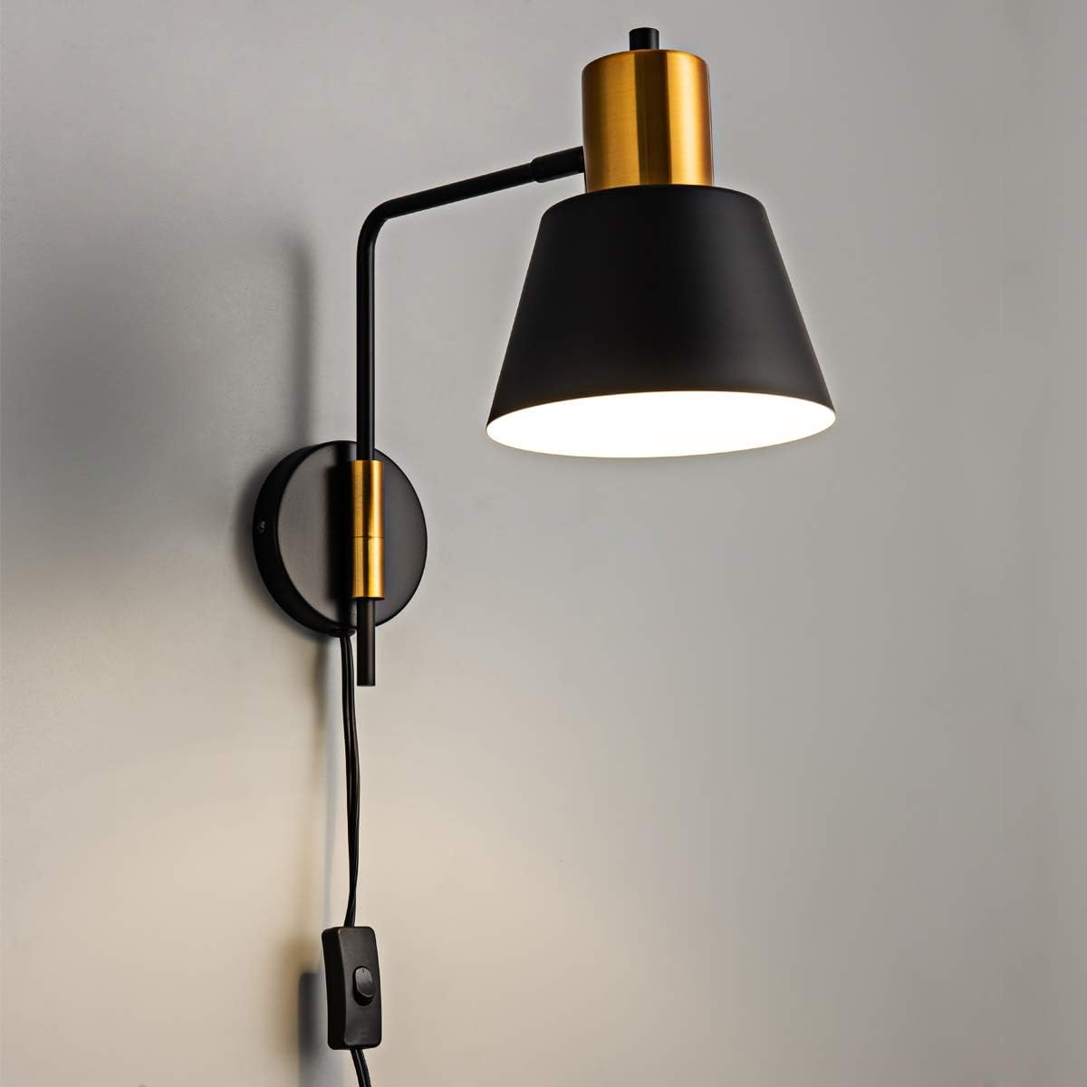 Modern Swing Arm Wall Sconce Plug in Set of 2, Rotatable Black Wall Lights with On/Off Cord for Bedroom, Living Room