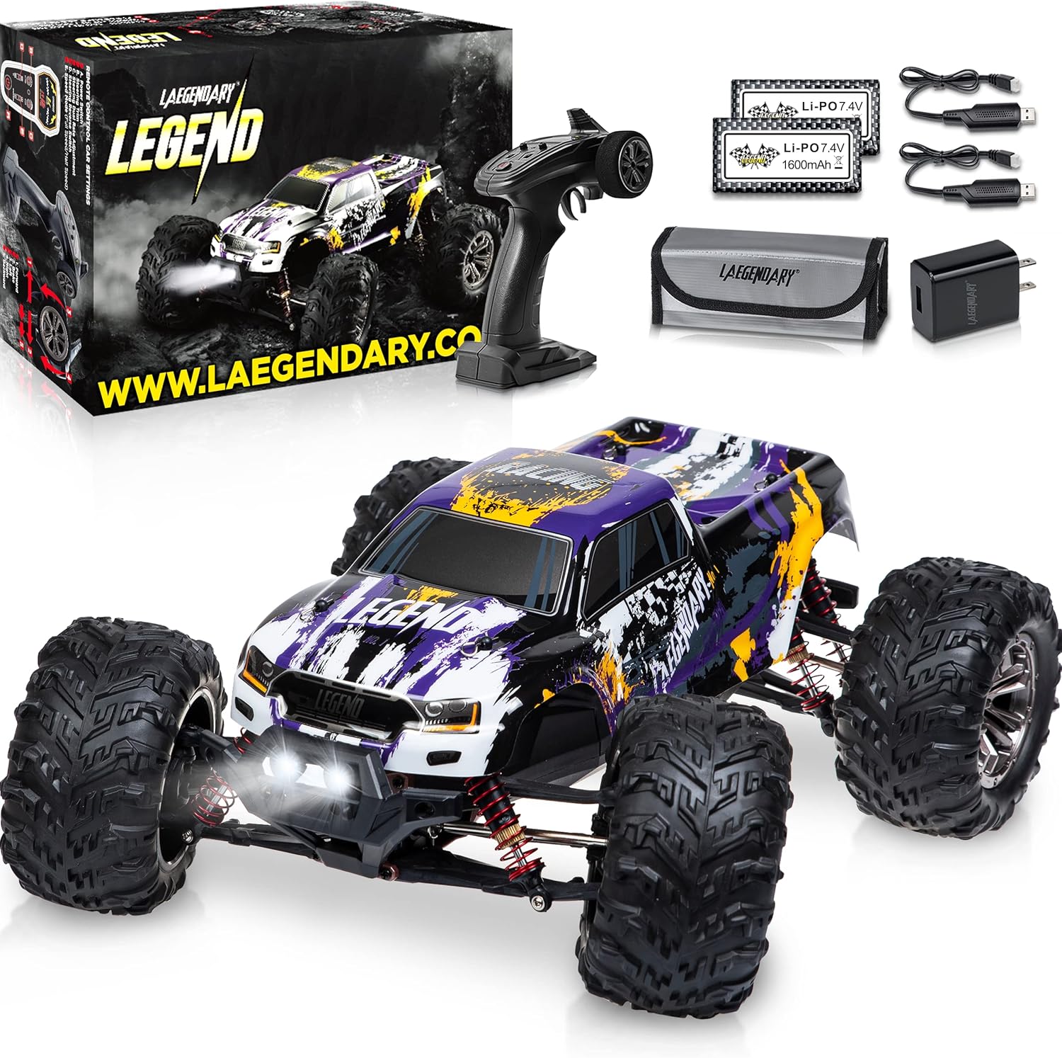 LAEGENDARY Remote Control Car - 4x4 Off Road RC Cars for Adults & Kids - Battery-Powered, Hobby Grade, Waterproof Truck - Reaches up to 30+ MPH -Purple - Yellow