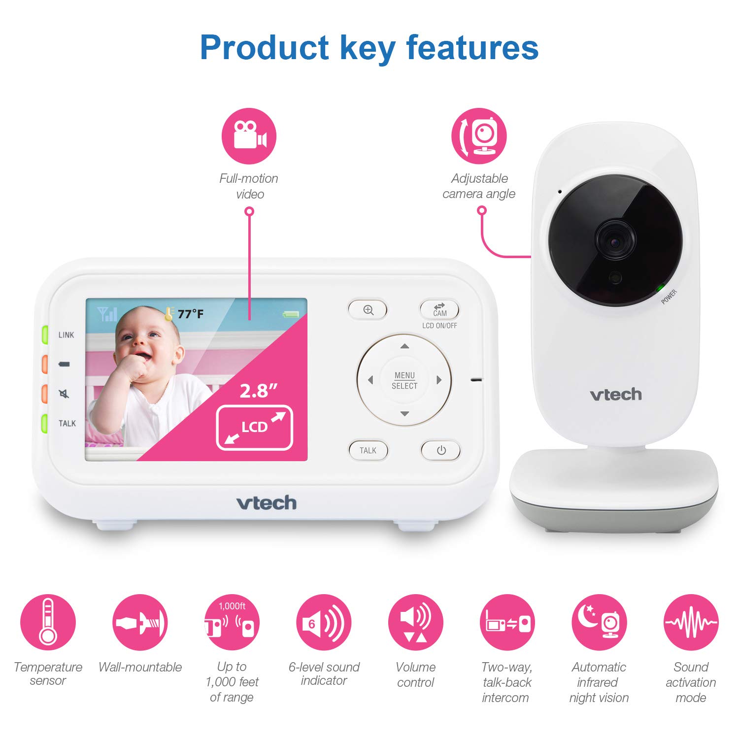 VTech Video Baby Monitor with 1000ft Long Range, Auto Night Vision, 2.8” Screen, 2-Way Audio Talk, Temperature Sensor, Power Saving Mode, Lullabies and Wall-mountable Camera with bracket, White Pack of 2