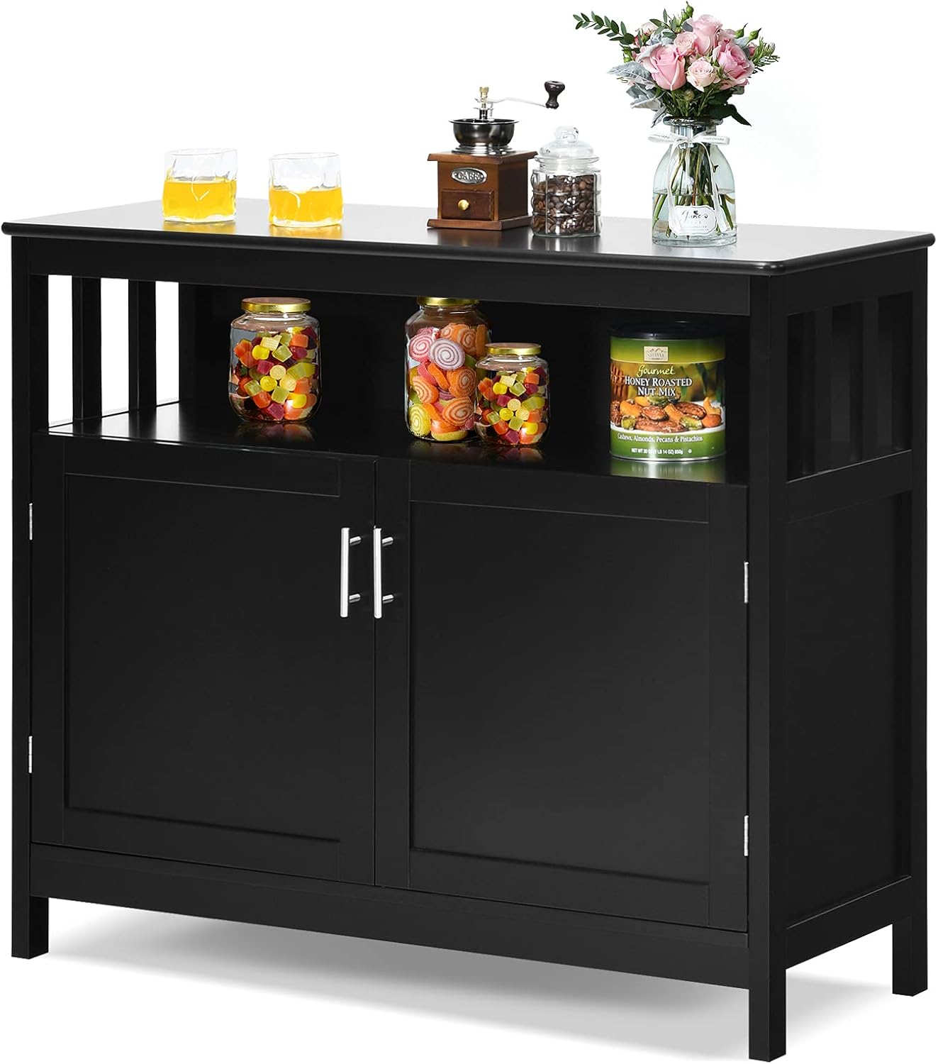 Giantex Kitchen Buffet Sideboard, Wooden Storage Server Cupboard Cabinet, Dining Room Living Room Bar Furniture 2-Door Console Table w/ 5-Position Adjustable Shelf & Open Shelf Drawer Cabinets (Black)