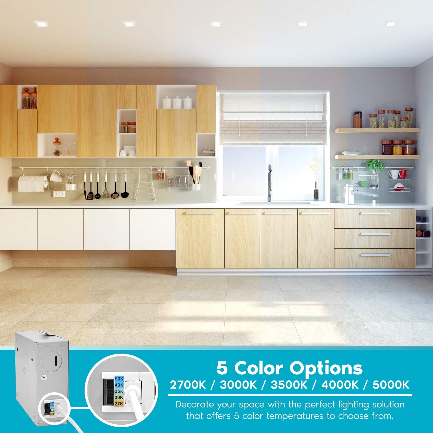 Luxrite 4 Inch Ultra Thin Square LED Recessed Lighting, 5 Color Temperature Options 2700K - 5000K, Dimmable LED Downlight, 10W, IC Rated, Wet Rated, Canless LED Recessed Light, ETL Listed (4 Pack)