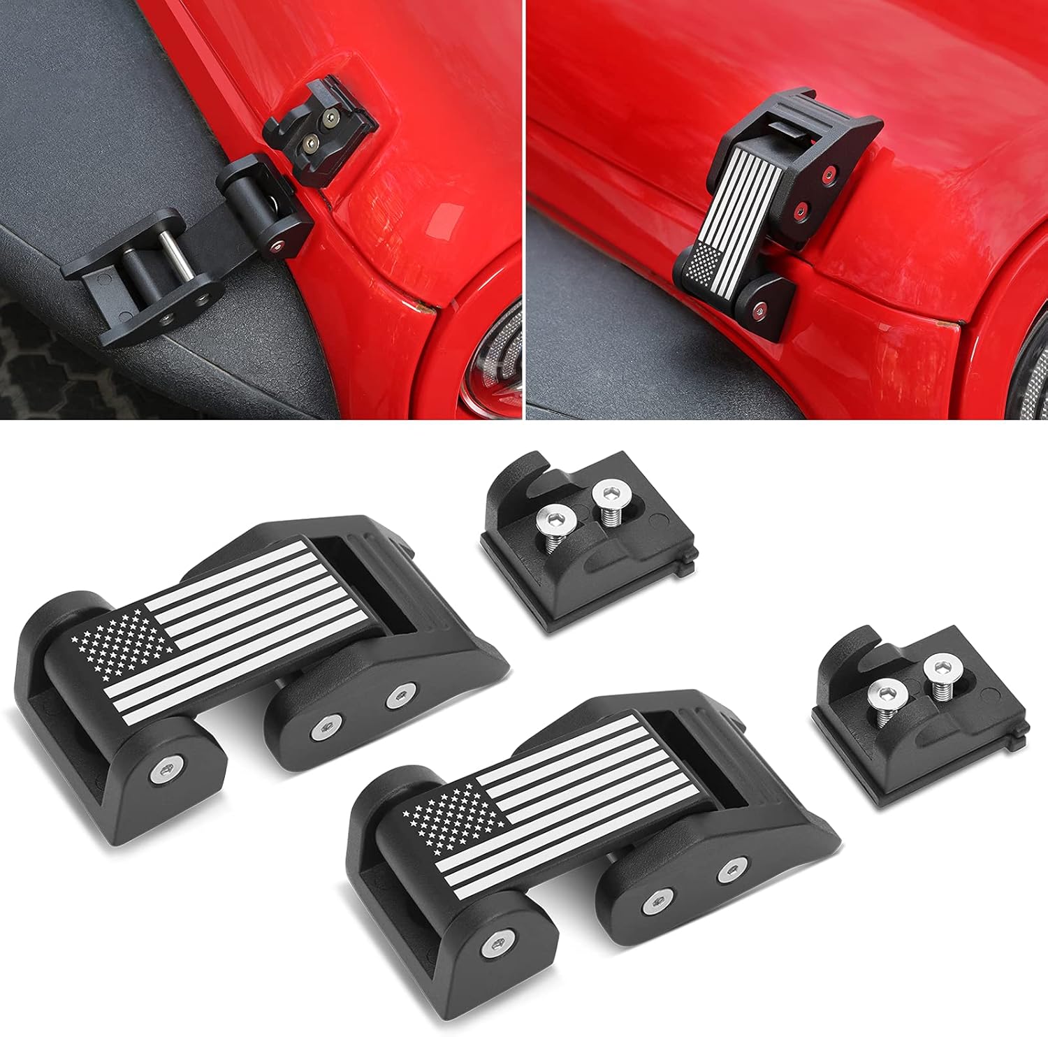 SUPAREE Hood Latches with U.S. Flag Style, Black Aluminium Alloy Latch Locking Hood Catch Kit Compatible with 2007-2018 Wrangler JK JKU & 2018-2021 Wrangler JL JLU Gladiator JT