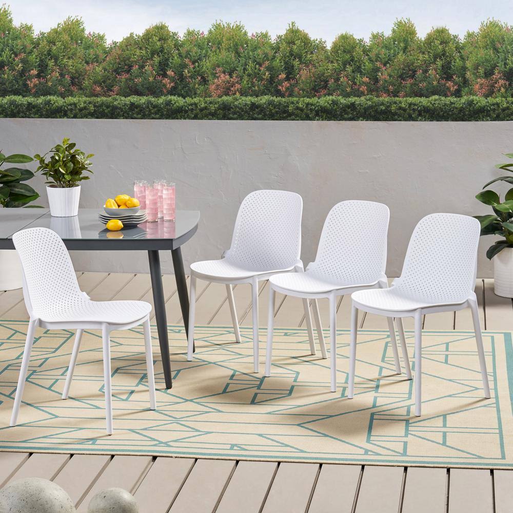 Noble House Ivy White Stackable Plastic Outdoor Dining Chair (4-Pack)