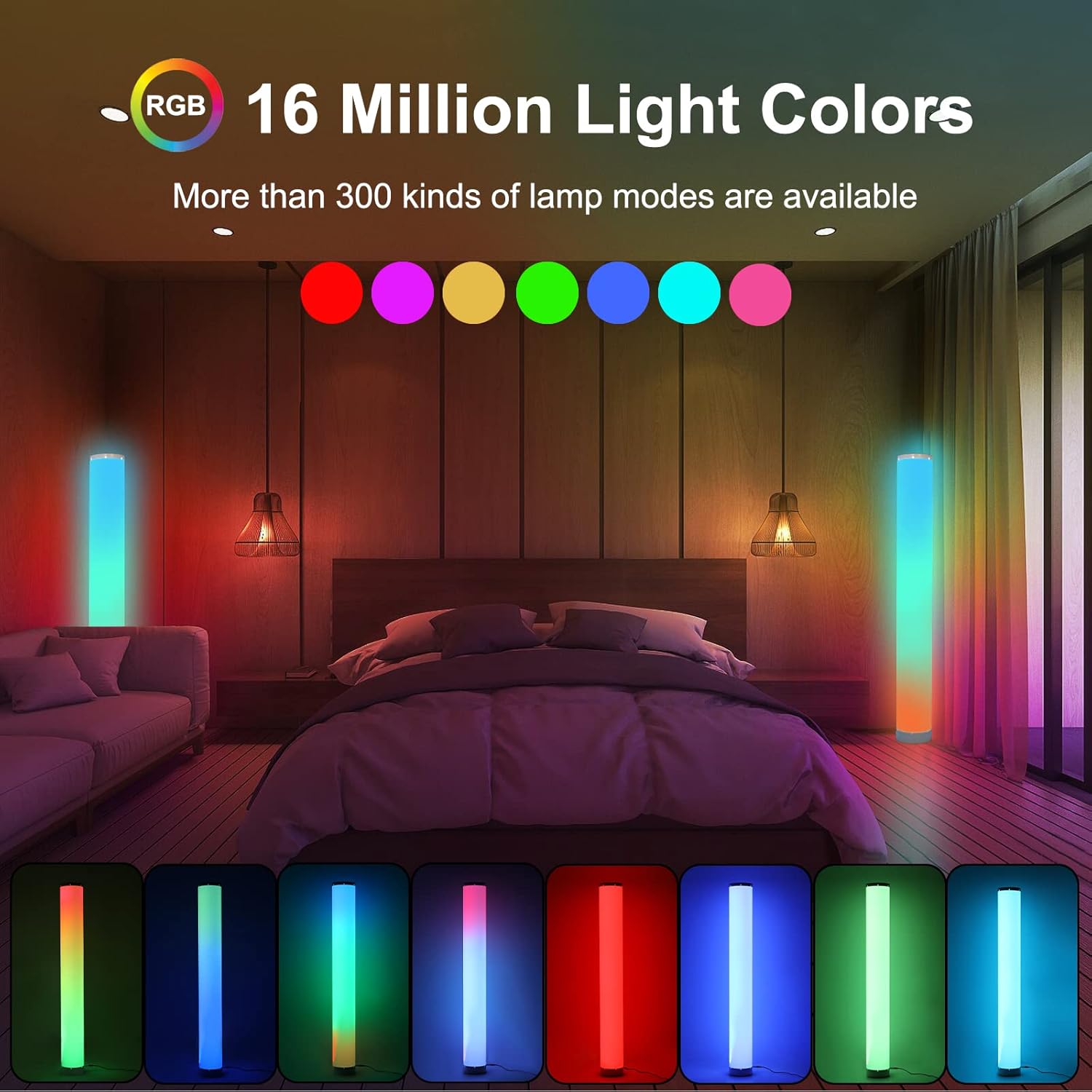 2-Pack RGB Corner Floor Lamp with Remote and Bluetooth APP Control,Music Sync Dimmable LED Modern Corner Lamps with Power Adapter for Living Room, Bedroom, Gaming Room.