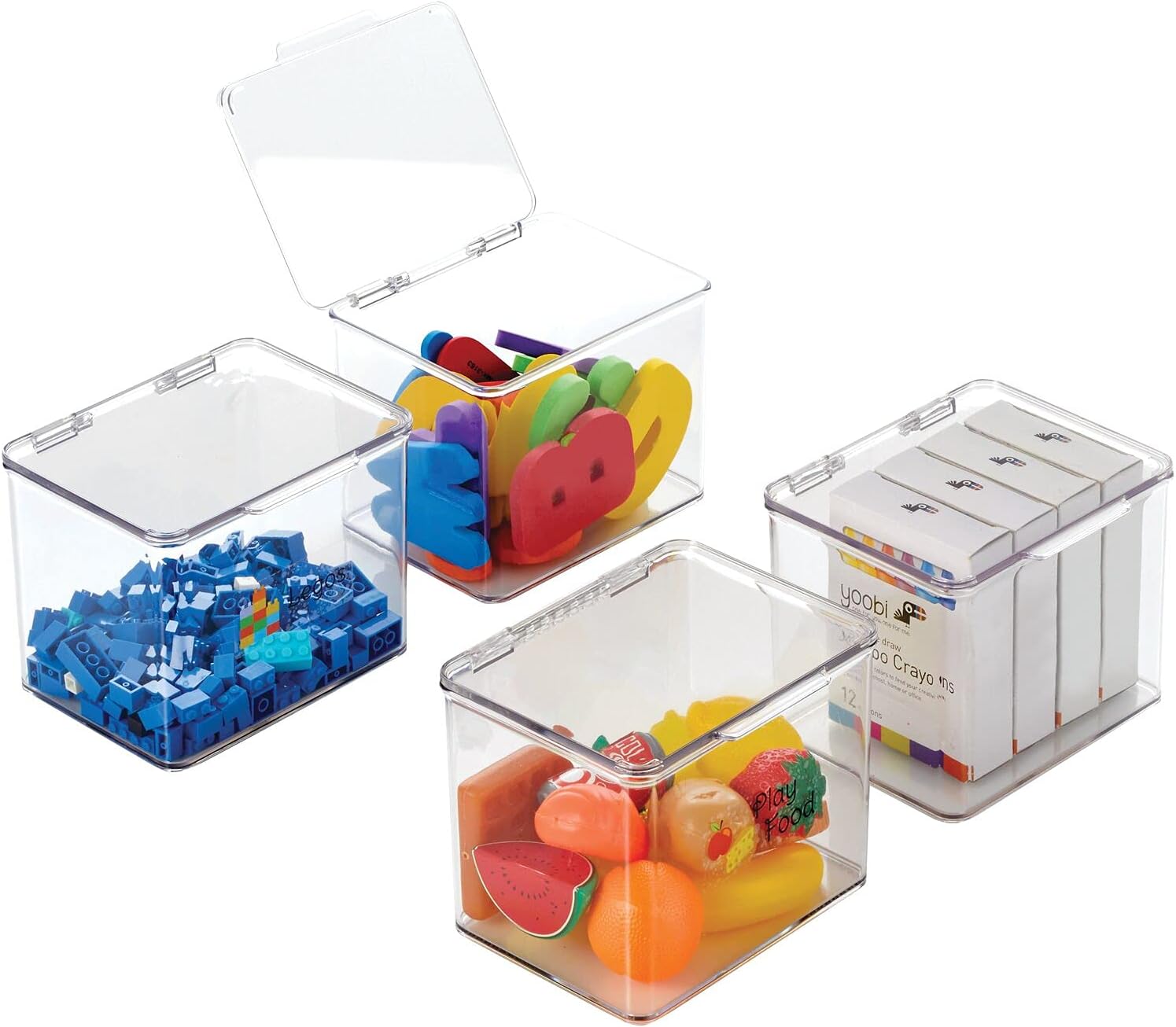 mDesign Plastic Stackable Storage Organizer Toy Box with Lid for Action Figures, Crayons, Markers, Building Blocks, Puzzles, Craft or School Supplies - Pack of 4, Includes 32 Labels - Clear Pack of 2