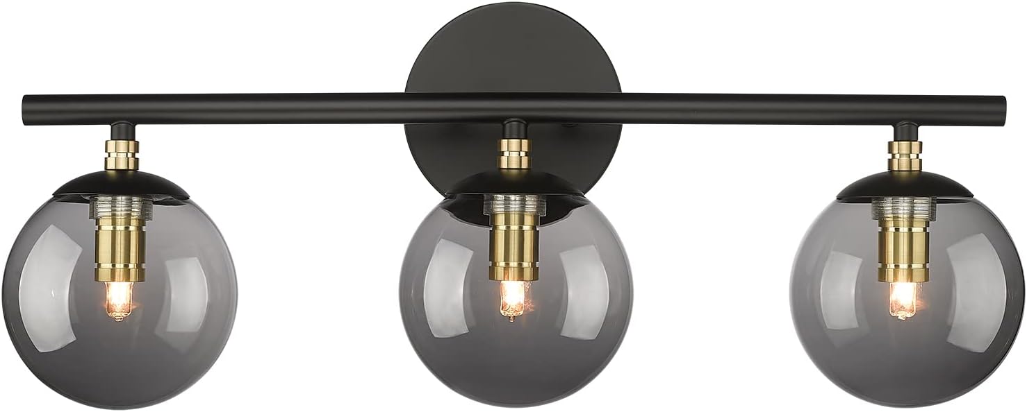Black Vanity Light, LMS 3-Light Bathroom Light Fixtures 20.5 Inch, Black and Brass Gold Finish with Globe Glass Shade, LMS-117