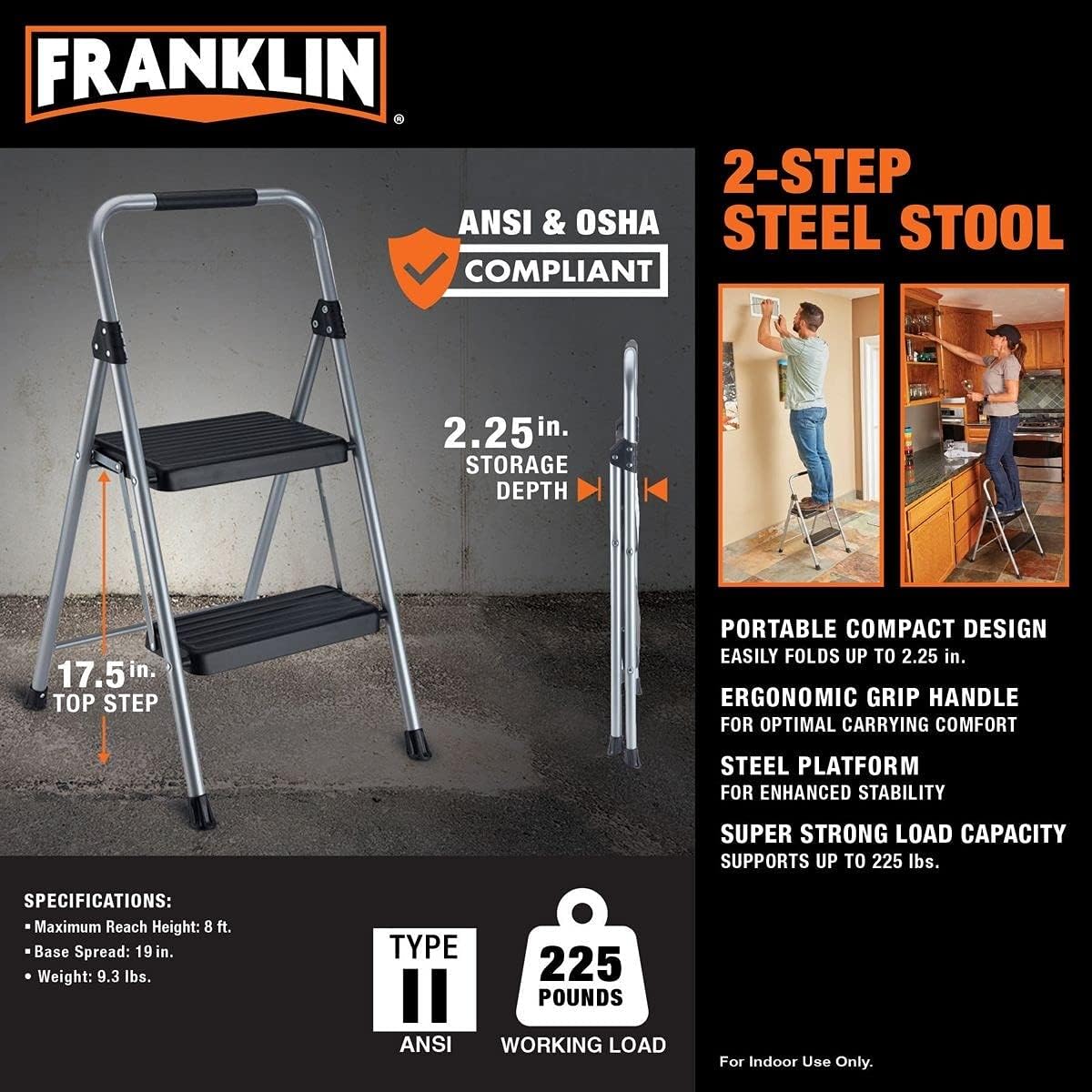 HFT FRANKLIN 2 Step (Two-Step) Stool Ladder by Franklin Type II ANSI 225lbs Steel Construction Pack of 2