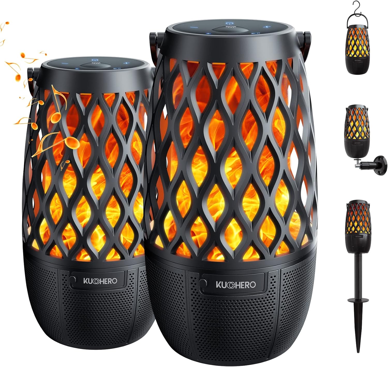Outdoor Bluetooth Speaker with Light, Realistic Flame Effect, Sync up to 100 Wireless Portable Speaker with Wall Mount/Stake/Hook, Waterproof for Patio/Yard/Party, Christmas Gift & Decor Idea, 2 Pack