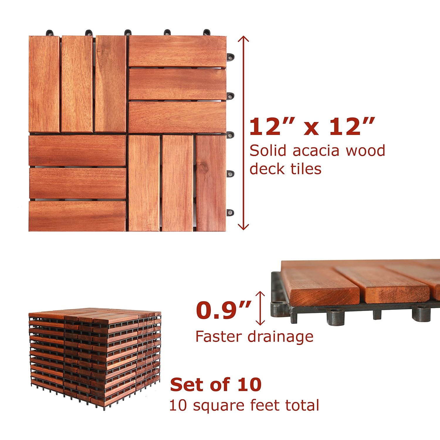 Interlocking Acacia Wood Deck Tiles,Box of 10 12 in x 12 in Each,Waterproof All Weather,Patio Tiles,Balcony Flooring,Backyard Flooring,Outdoor Shower mat,Portable Dance Floor,12 slats,10 Sq ft,Teak