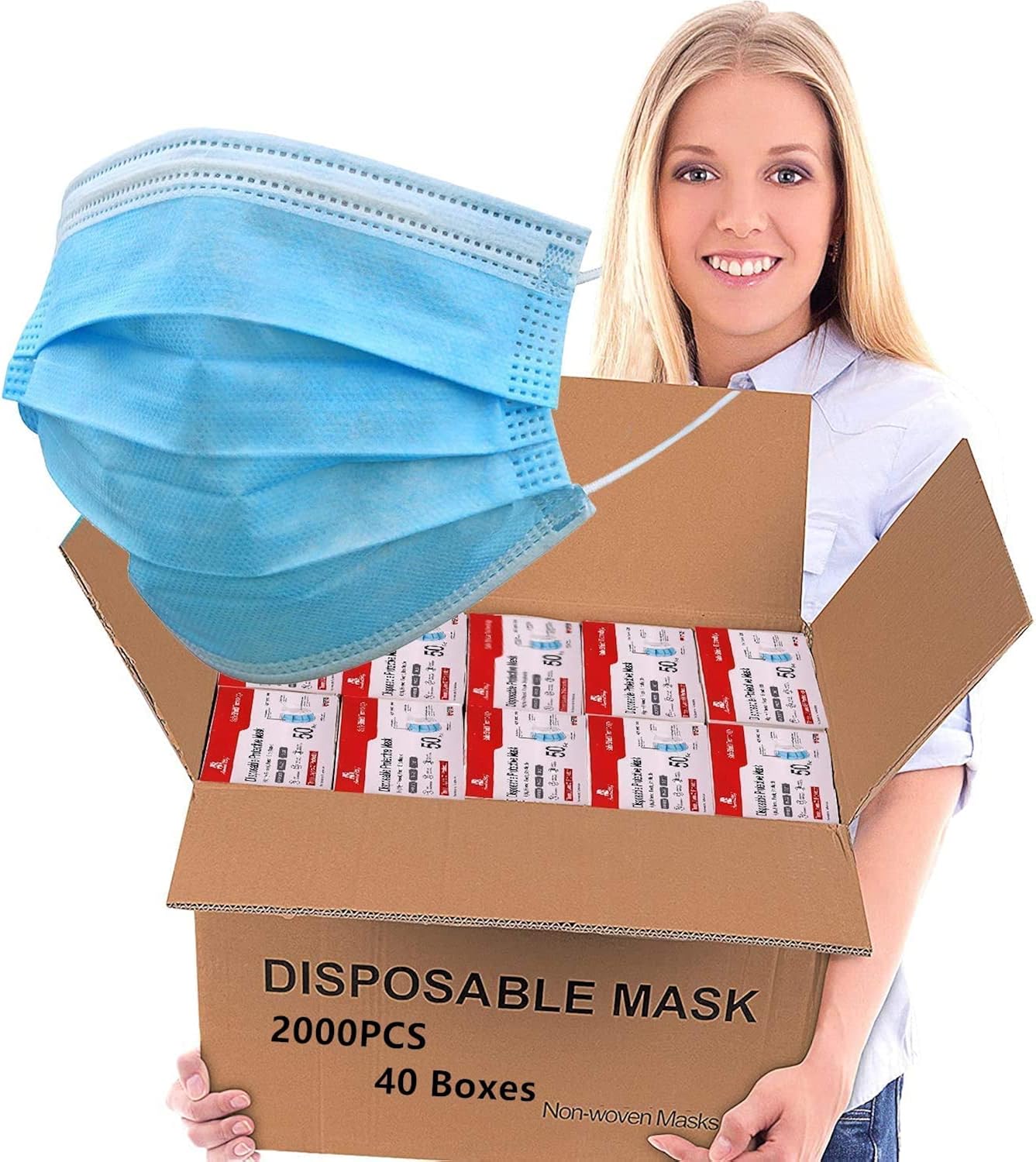 2000 PCS Bulk Blue Face Mask (40 Packs, 50pcs/Pack), Non Woven Thick 3-Layers Breathable Masks Wholesale Disposable Mask for Business and Family