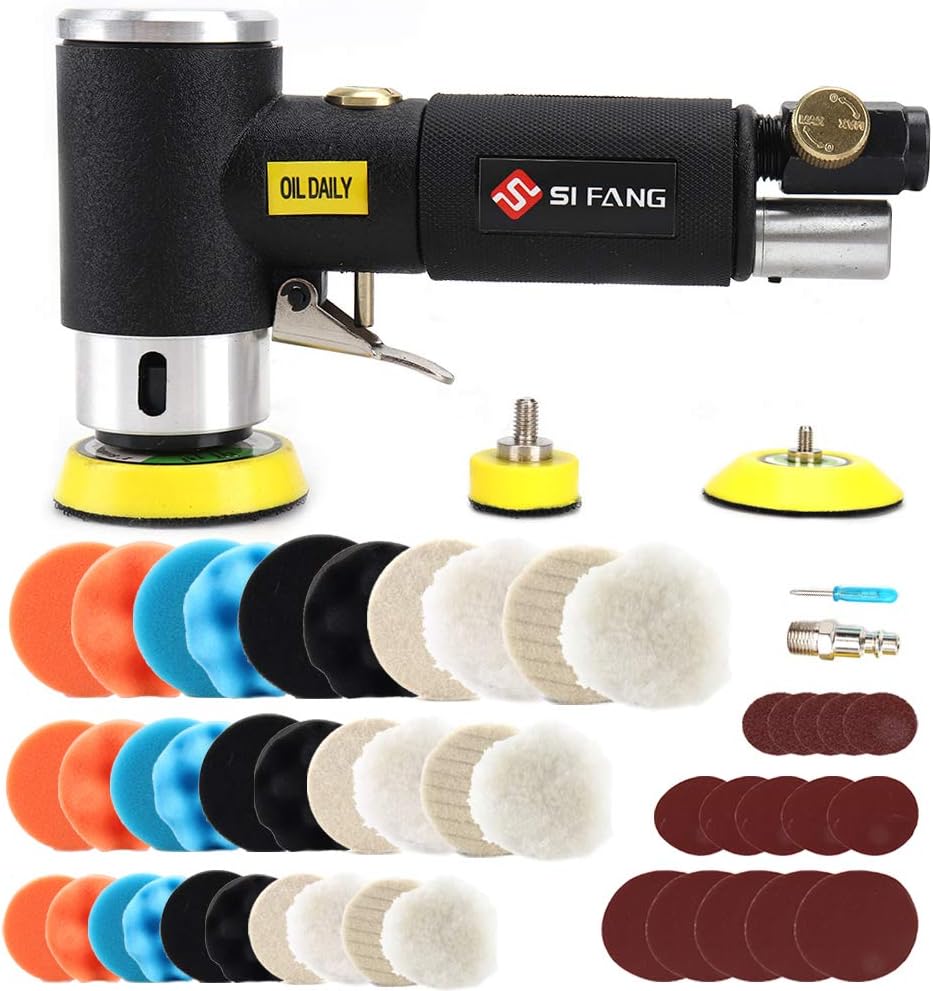 SI FANG 48Pcs 1'' 2'' 3'' Mini Random Orbital Air Sander Kit,High Speed Mini Air Sander Polisher for Auto Body Work, Includes 1/2/3in Polishing Sponge & Wool Pads Sandpapers(Black Air Sander Kit)