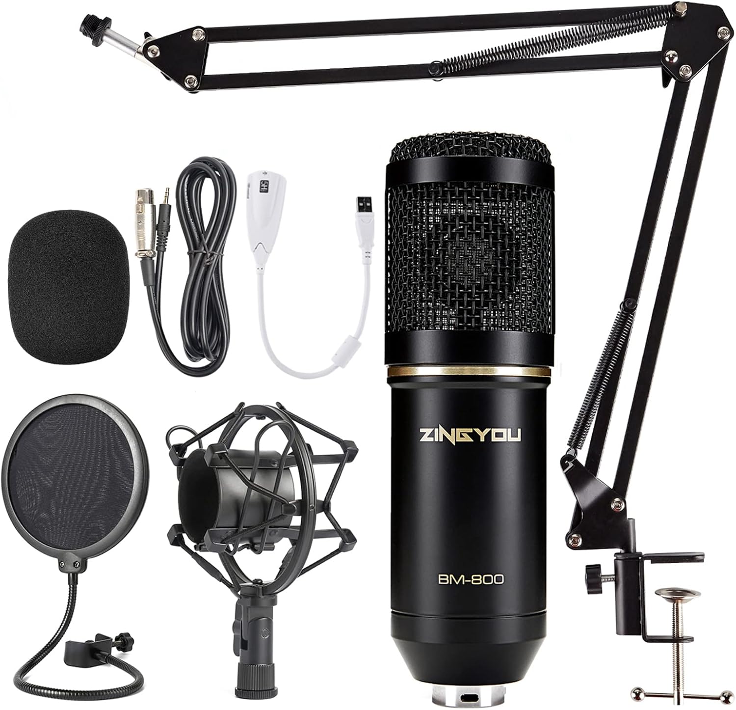 ZINGYOU Condenser Microphone Bundle, BM-800 Mic Kit with Adjustable Mic Suspension Scissor Arm, Metal Shock Mount and Double-Layer Pop Filter for Studio Recording & Broadcasting (Gold) Pack of 2
