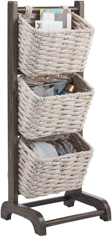 mDesign 3 Tier Vertical Standing Storage Basket Stand, Decorative Wood Storage Organizer Tower Rack with 3 Basket Bins - White/Gray Wash