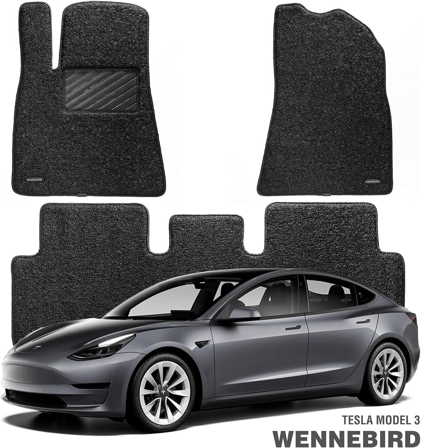 WENNEBIRD All Weather Carpet Floor Mats for Tesla Model 3 2017-2022 , Custom Fit Car Floor Liners - Black