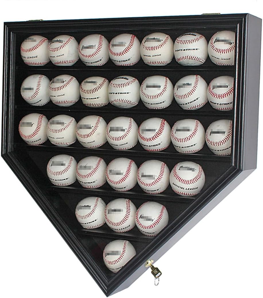 30 Baseball Display Case Cabinet Holder Rack Home Plate Shaped w/ UV Protection- Lockable B30H-BL