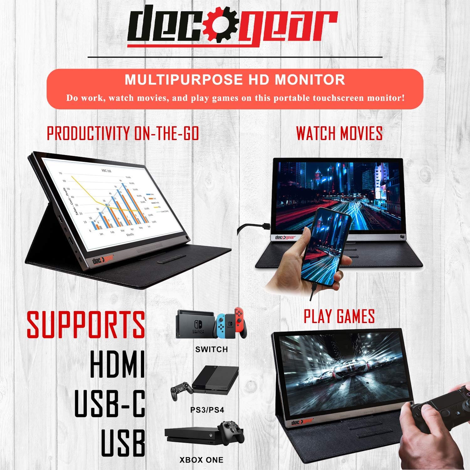 Deco Gear 15.6 Portable Monitor 1080p IPS HD Panel, Touchscreen with 10 Point Capacitive Control, 10,000 mAh Battery, Built-In Dual Speakers & USB Type-C and HDMI Devices Connections