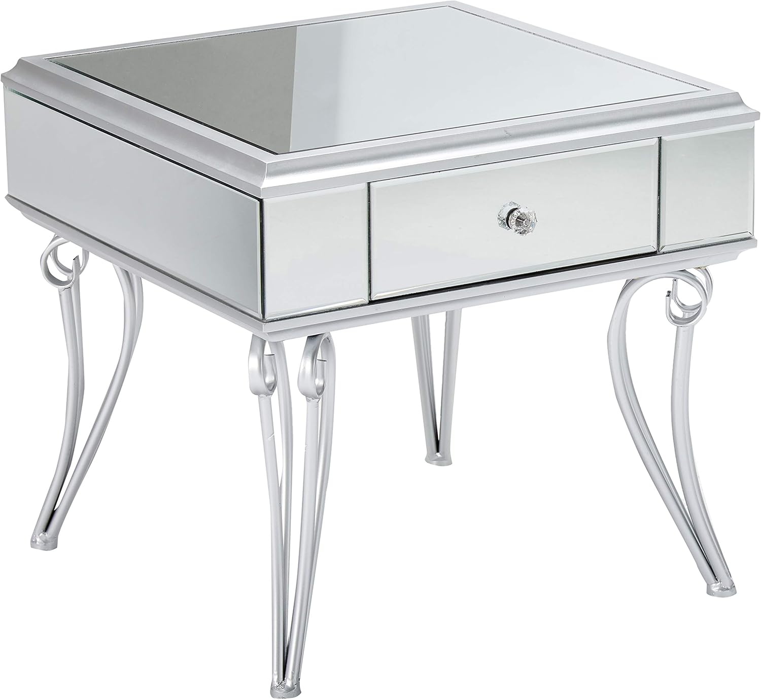 Christopher Knight Home Mamie Modern Mirrored Accent Table with Drawer, Tempered Glass, Silver Iron Frame