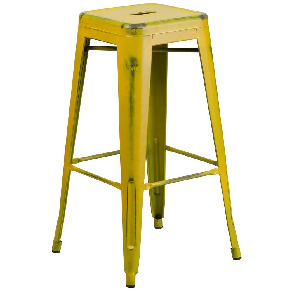 30&& High Backless Distressed Yellow Metal Indoor-Outdoor Barstool