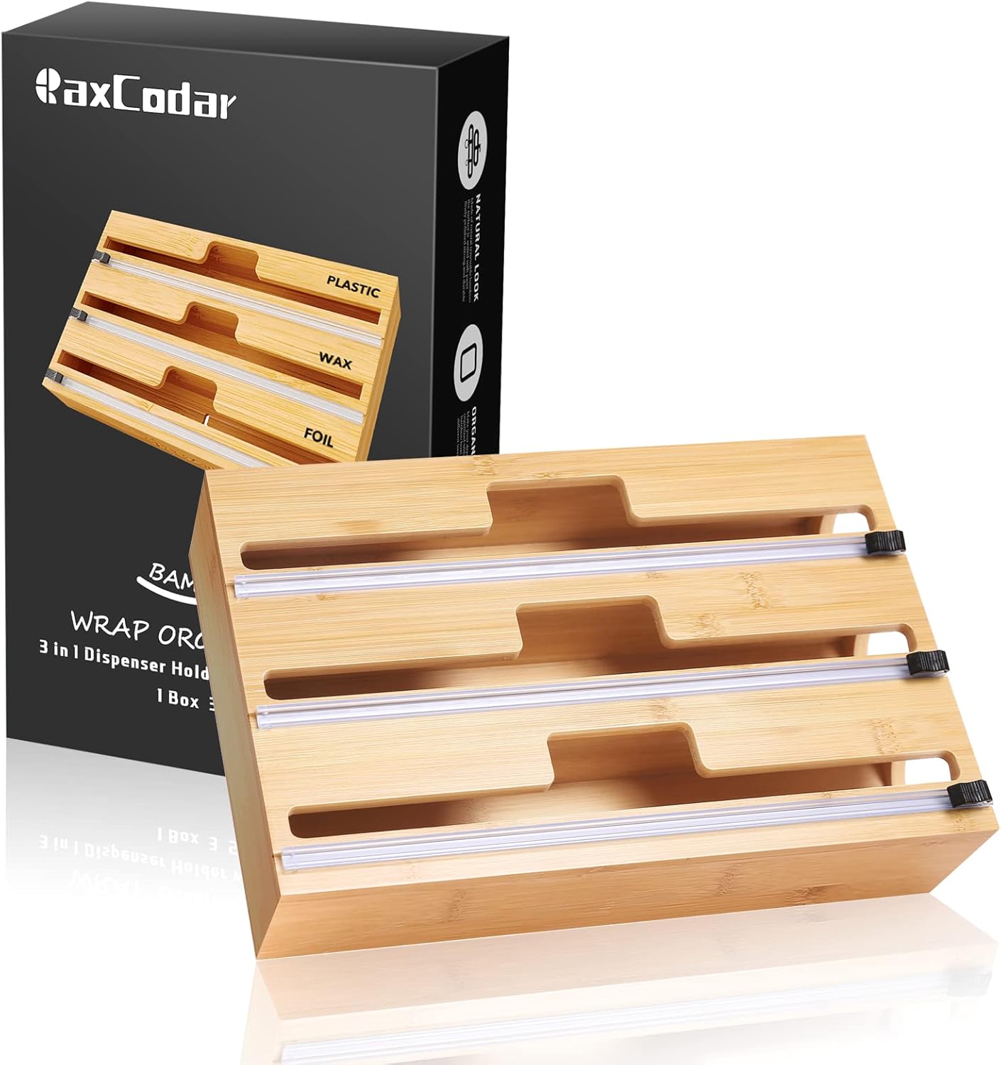 3 in 1 Foil and Plastic Packaging Organizer, Bamboo Packaging Dispenser with Knives for Kitchen Foil, Plastic Wrap Organizer, Compatible with 12