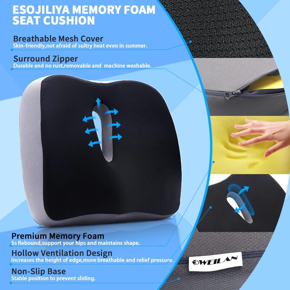 Seat Cushion for Office Chairs, Esojiliya Coccyx Cushion for Tailbone, Sciatica, Back, Butt Pain Relief, Orthopedic Memory Foam Chair Cushion for Wheelchair, Car Seat, Home