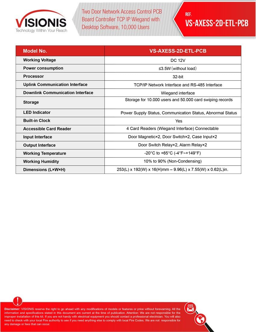 Visionis VS-AXESS-1ETL-PCB One Door Network Access Control System Board Controller for 1 Door Security with TCP/IP Wiegand and Desktop Software 10,000 Users Pack of 2