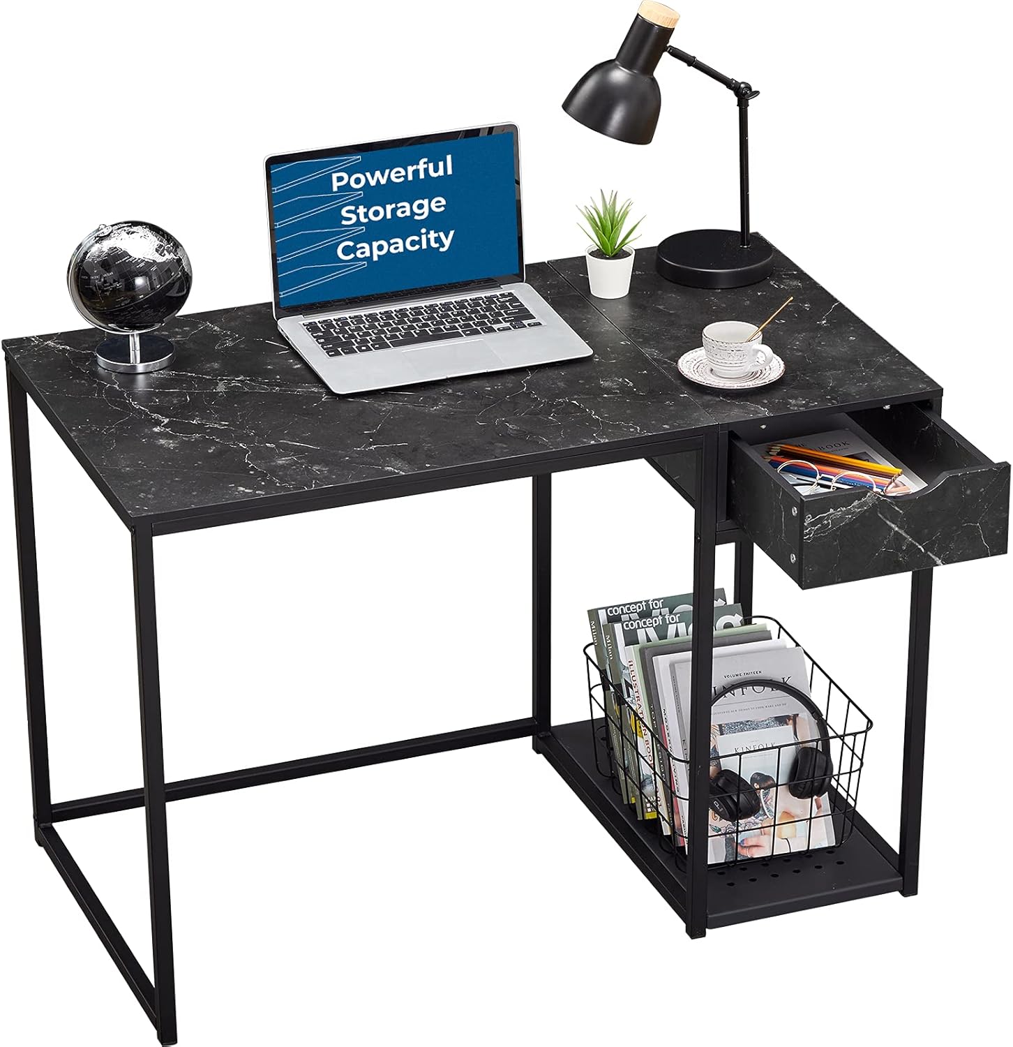 SINPAID Home Office Computer Desk with Drawers,40 Inch Study Writing Table, Modern Simple Style PC Desk,Space Saving, Easy to Assemble, for Small Space Bedroom,(Black Marble Pattern)