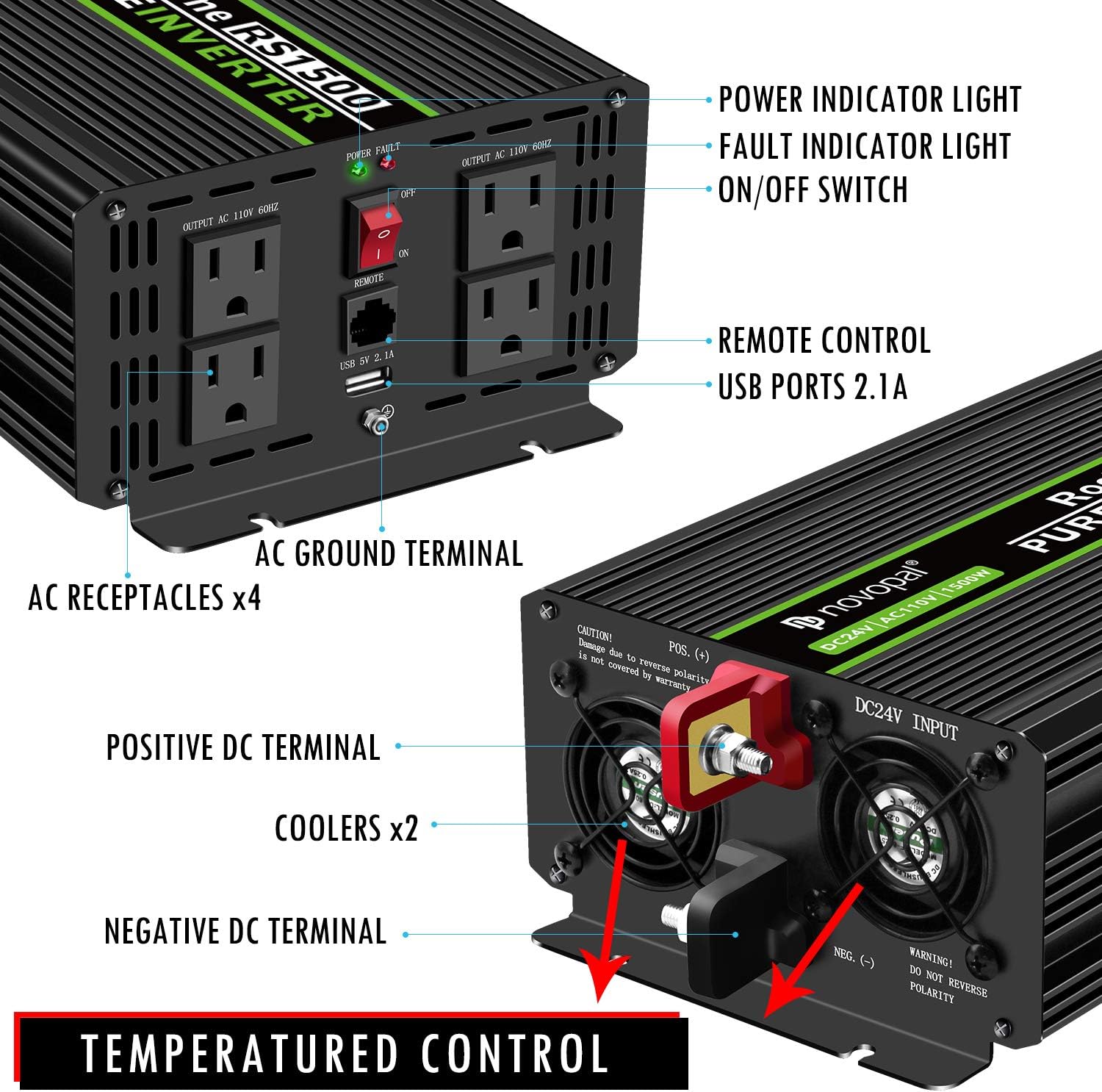 Novopal 1500 Watt 24V Pure Sine Wave Inverter with 4 AC Outlets 2.1A USB-16.4 Feet Remote Control and Two Cooling Fans-Peak Power 3000 Watt,Ultra-Silent,Supply for Blenders, Vacuums etc