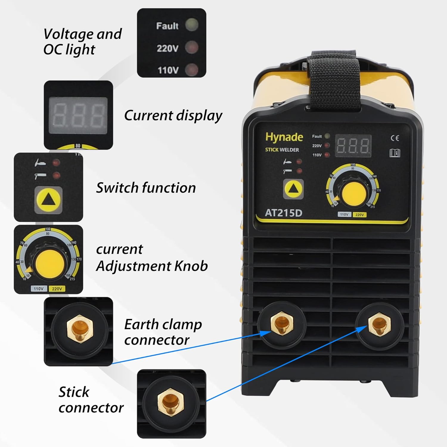 hynade MMA Welder 215A 110/220V ARC Welder Machine DC Inverter Dual Voltage Sticker Welder Lift Tig Welder Digital Display (AT215D)