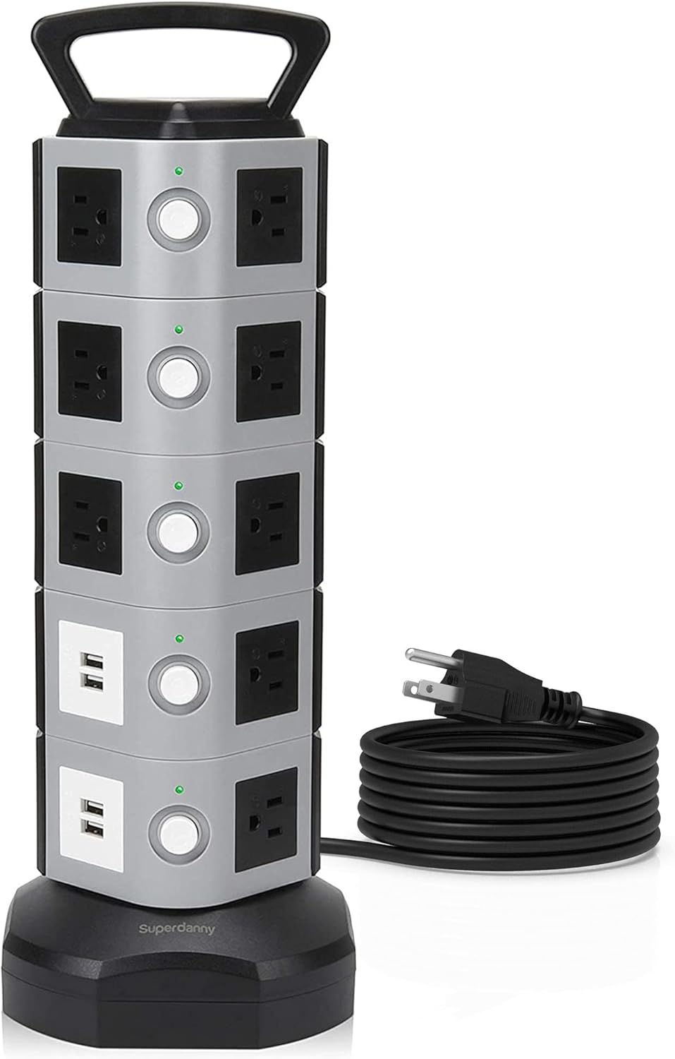 SUPERDANNY SDD005-5 Power Strip Tower Surge Protector 18 Outlet Plugs with 4.2A 4-USB Slot Electric Fast Charging Station 3000W 13A 16AWG 6.5ft Heavy Duty Cord Wire Extension for Home Office Pack of 2