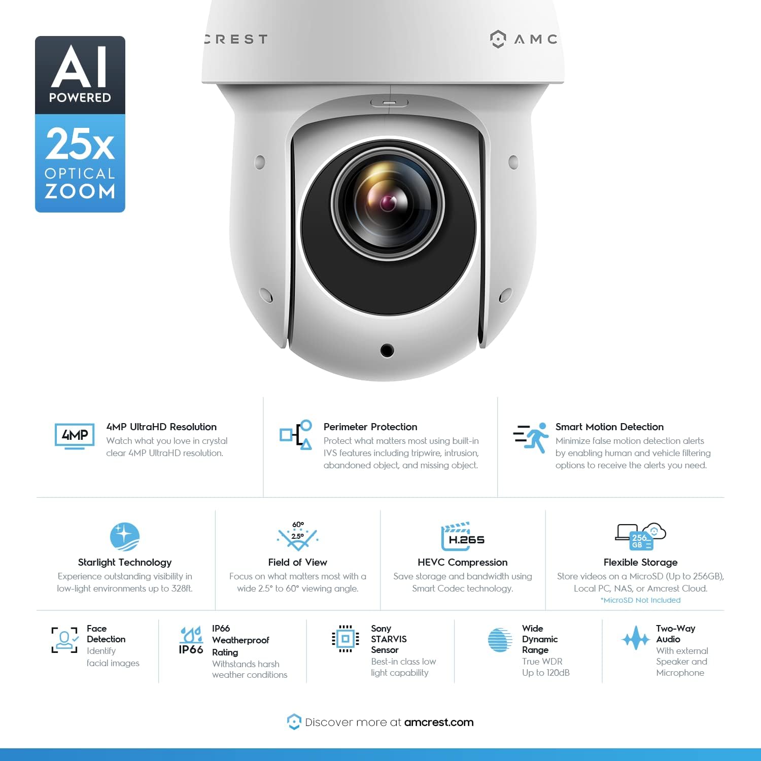 Amcrest 4MP Outdoor PTZ POE + AI IP Camera Pan Tilt Zoom (Optical 25x Motorized) Security Speed Dome, People and Vehicle Detection AI, Face Detection, 328ft Night Vision POE+ (802.3at) IP4M-1063EW-AI