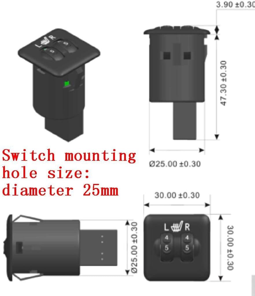 WATERCARBON Seat Heater 30mmPanel Square Tail Round 5 Gears Switch Size Pack of 2