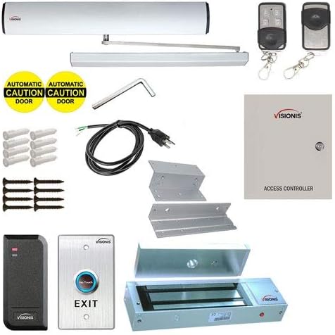 Visionis FPC-7347-B 110V Electric Automatic Door Opener + Closer for 440lb Out-Swing Doors + 2 Wireless Remotes + VIS-7013 No Touch Exit Button + Access Control Reader with Software + 300Lb Mag Lock
