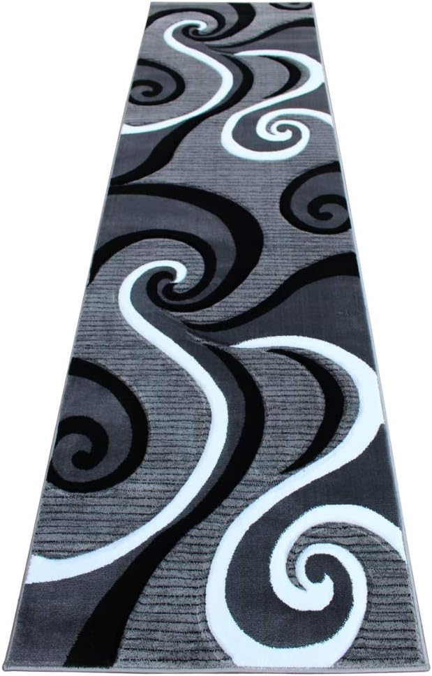 Masada Rugs Sophia Collection Hand Carved Long Runner Area Rug Modern Contemporary Grey White Black (2 Feet 8 Inch X 15 Feet 6 Inch) Runner