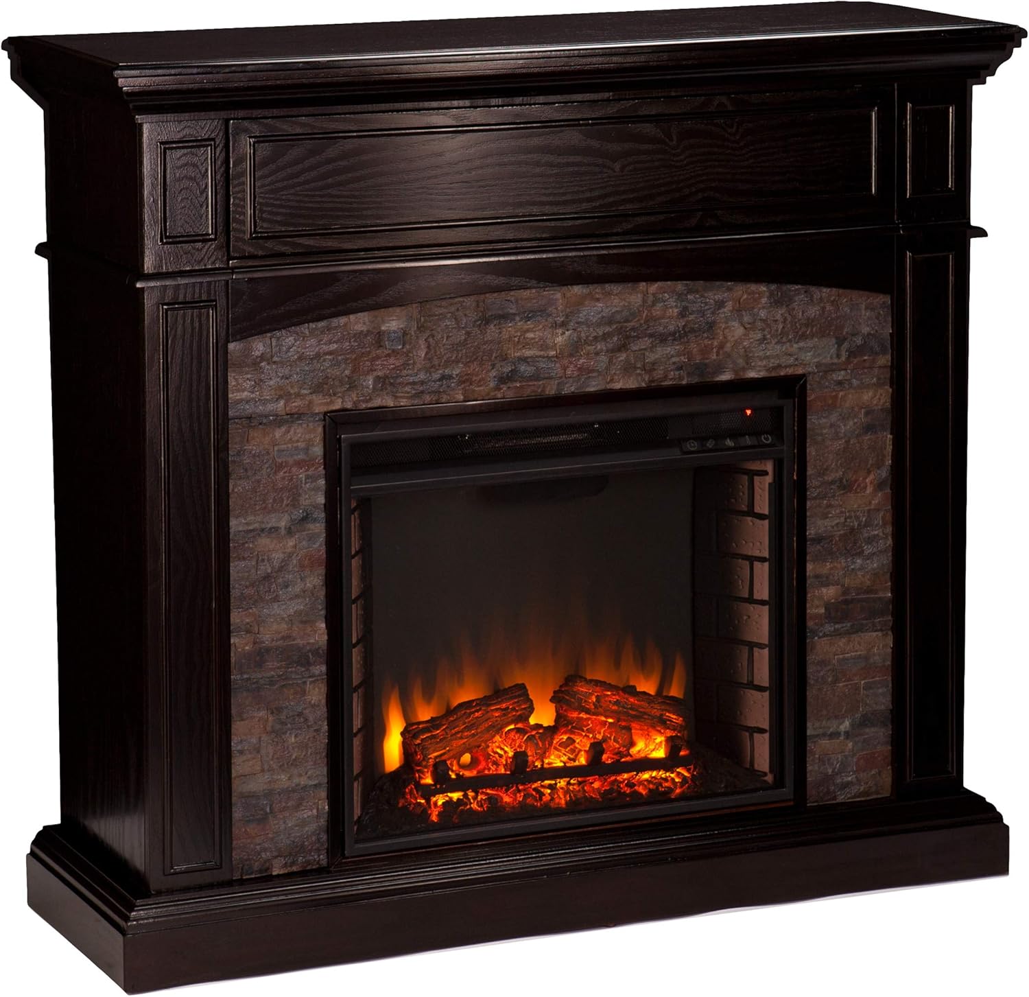 SEI FURNITURE Grantham Faux Stone Corner Hidden Media Shelf Electric Fireplace, Ebony