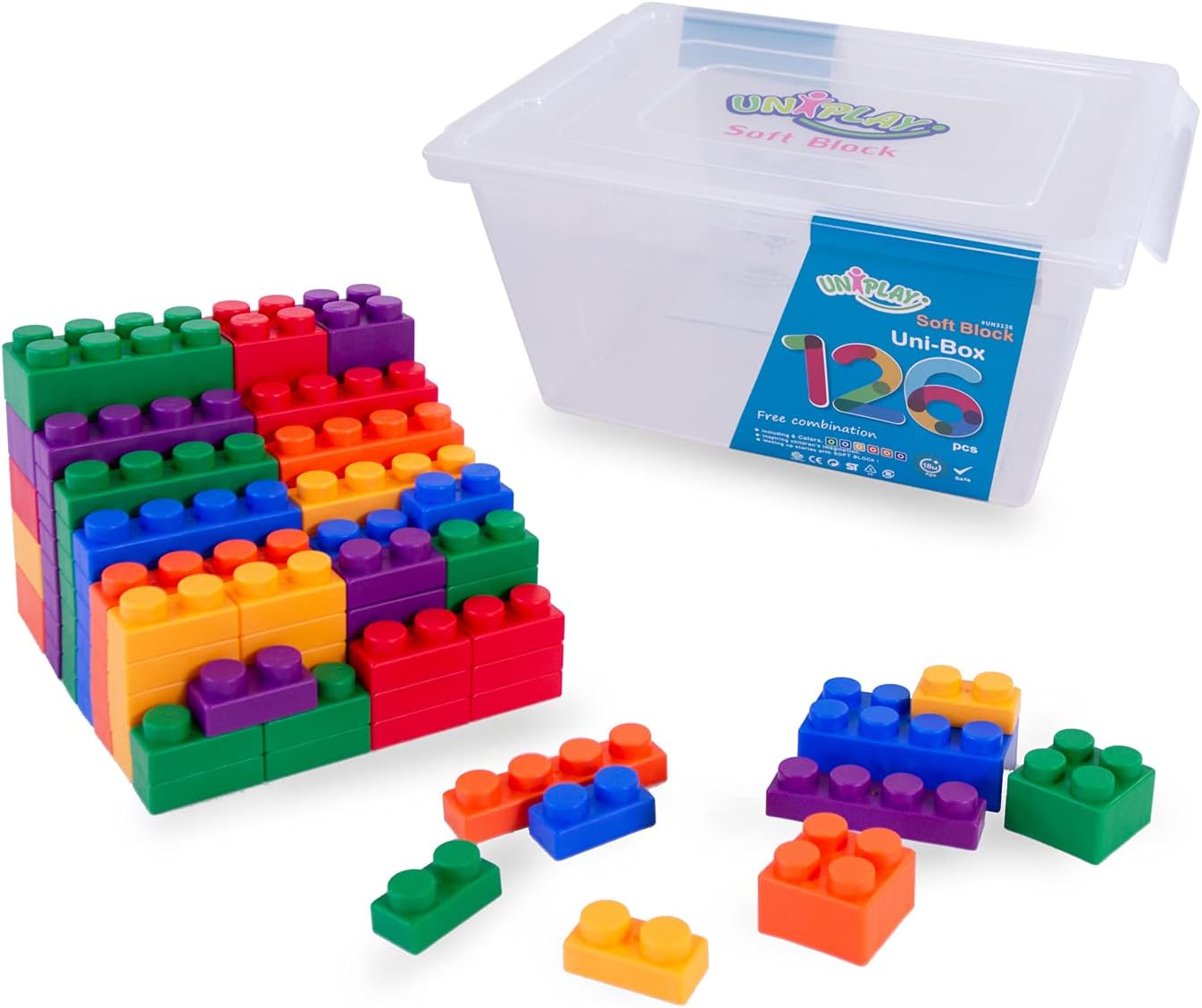 UNiPLAY UNiBOX Soft Building Blocks — Cognitive Development, Chewing Sensory, Toy Learning Stackable Blocks for Ages 3 Months and Up (84-Piece Set) Pack of 2