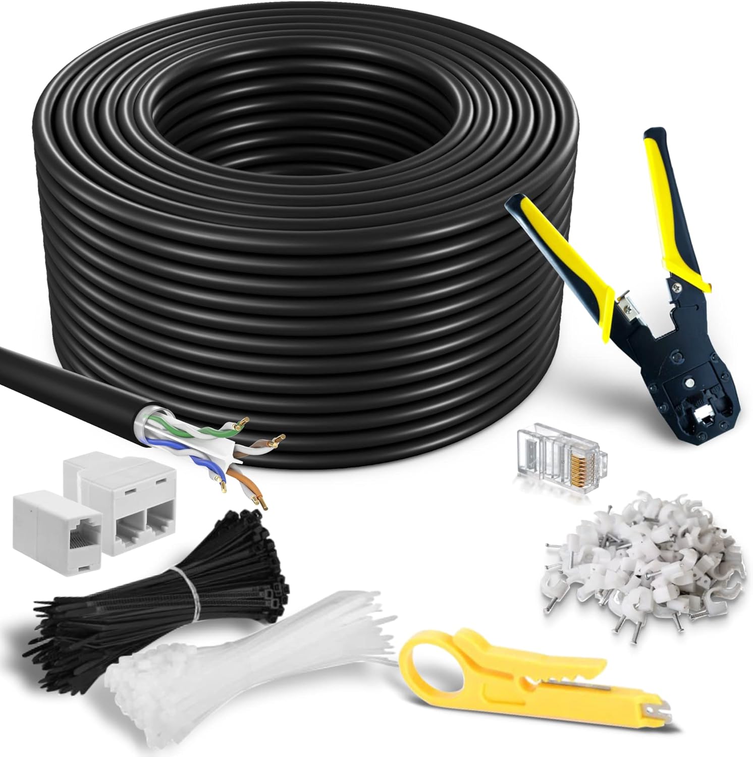 Cat6 Heavy Duty Outdoor Cable 300 ft - Black - Zero Lag Pure Copper, Waterproof Ethernet Cable Suitable for Direct Burial Installations. Free Tools & Accessories Included