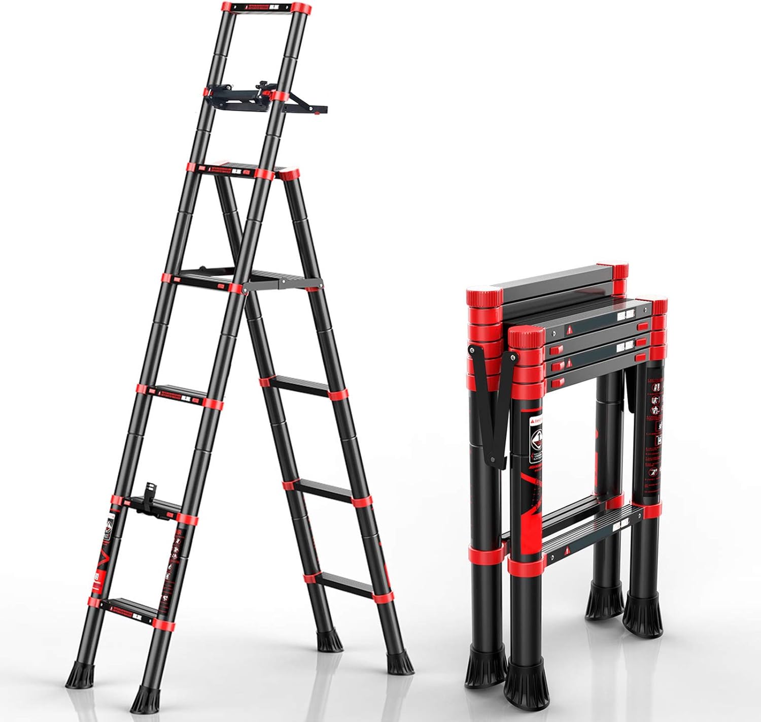 Telescoping Ladder A-Frame Aluminum Extension Ladder Lightweight Portable Multi-Purpose Folding Ladder with Detachable Tool Tray, 330 Pound Load Capacity