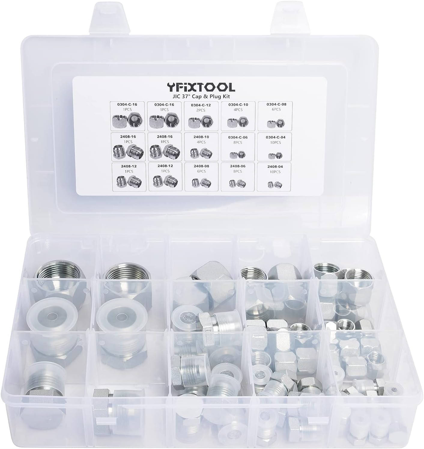 YFIXTOOL 64pcs JIC 37° Cap and Plug Kit, Hydraulic JIC Fittings with Dash Sizes 04 06 08 10 12 16 Pack of 2