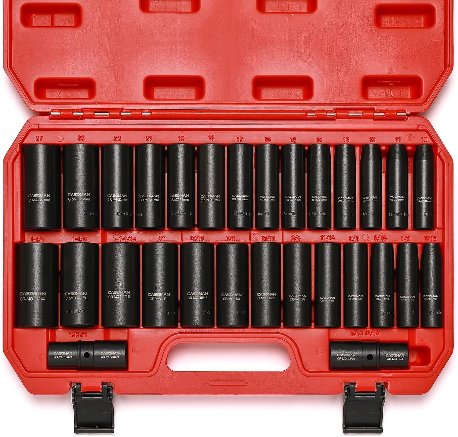 CASOMAN 1/2-Inch 29 Pieces Deep Impact Socket Set, CR-MO, Metric & SAE, Include Flip Lug Nut Socket, Fit 19mm, 21mm, 3/4