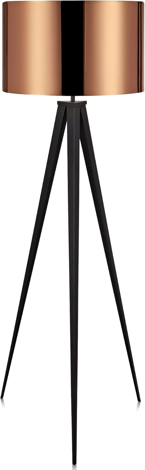 Teamson Home VN-L00005 Romanza Modern LED Tripod Floor Lamp Tall Standing Light with Drum Shade Metal Legs for Living Room Study Reading Bedroom Home Office, 60 inch Height, Copper/Black