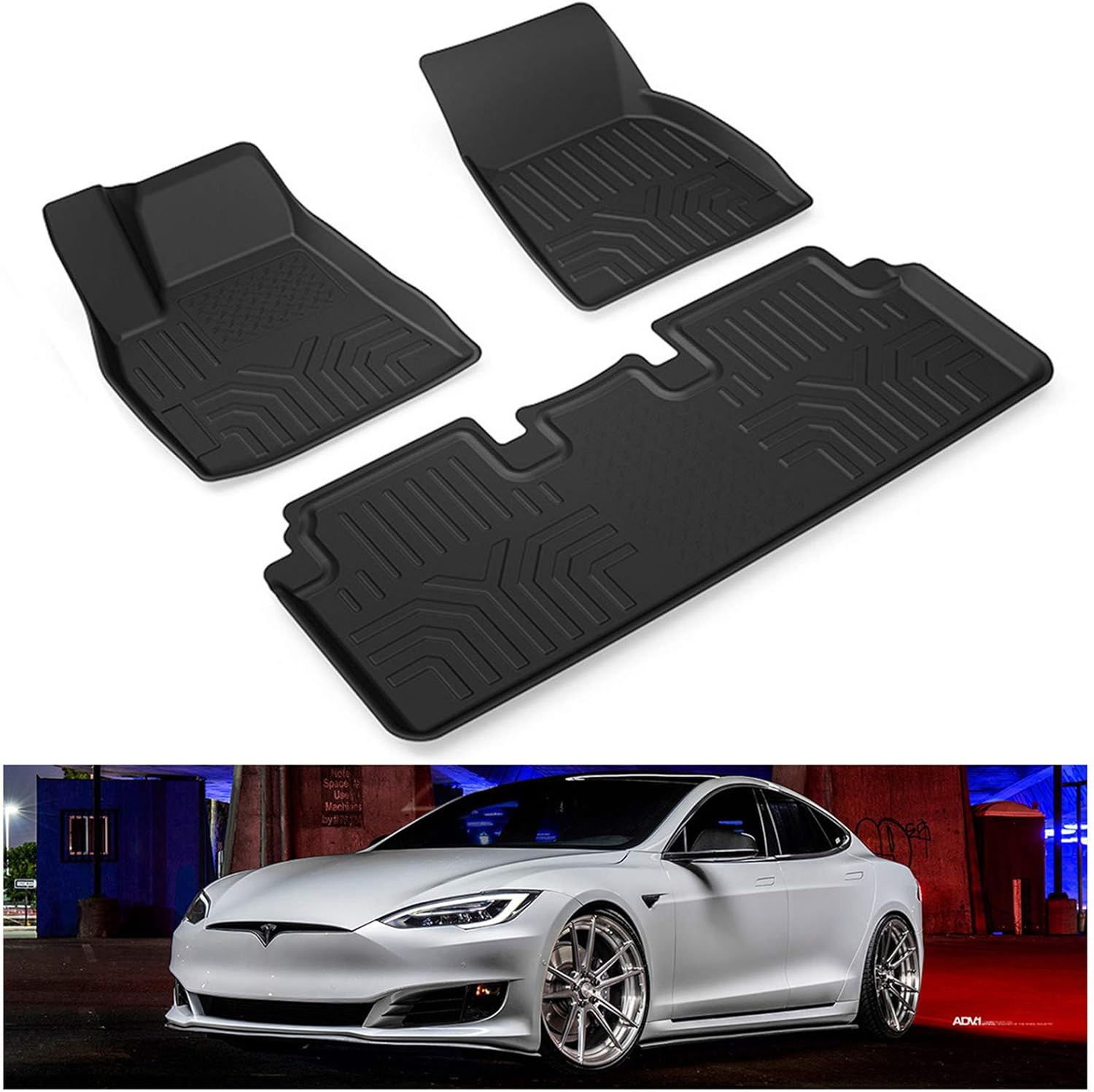 Kiwi Master Floor Mats Compatible for 2012-2021 Tesla Model S Accessories All Weather Protector Mat Front & Rear 2 Row Seat TPE Slush Liner Black