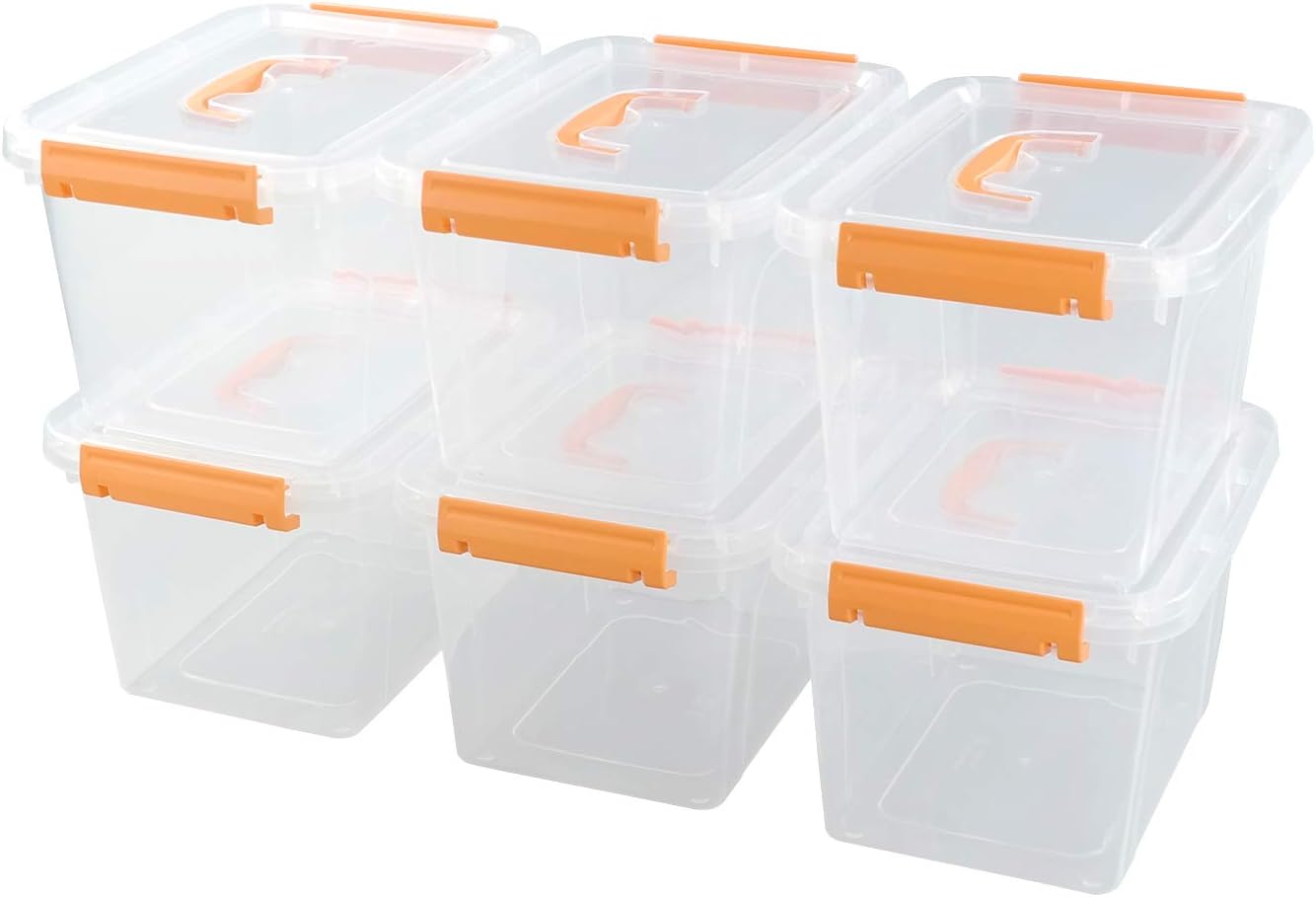 Tyminin 6 L Clear Plastic Storage Bin Container with Orange Handles, 6 Packs