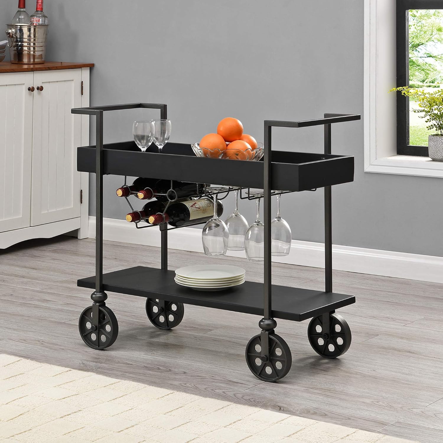 FirsTime & Co. Factory Row Industrial Farmhouse Bar Cart, American Crafted, Aged Black, 30 x 15 x 32.5 ,